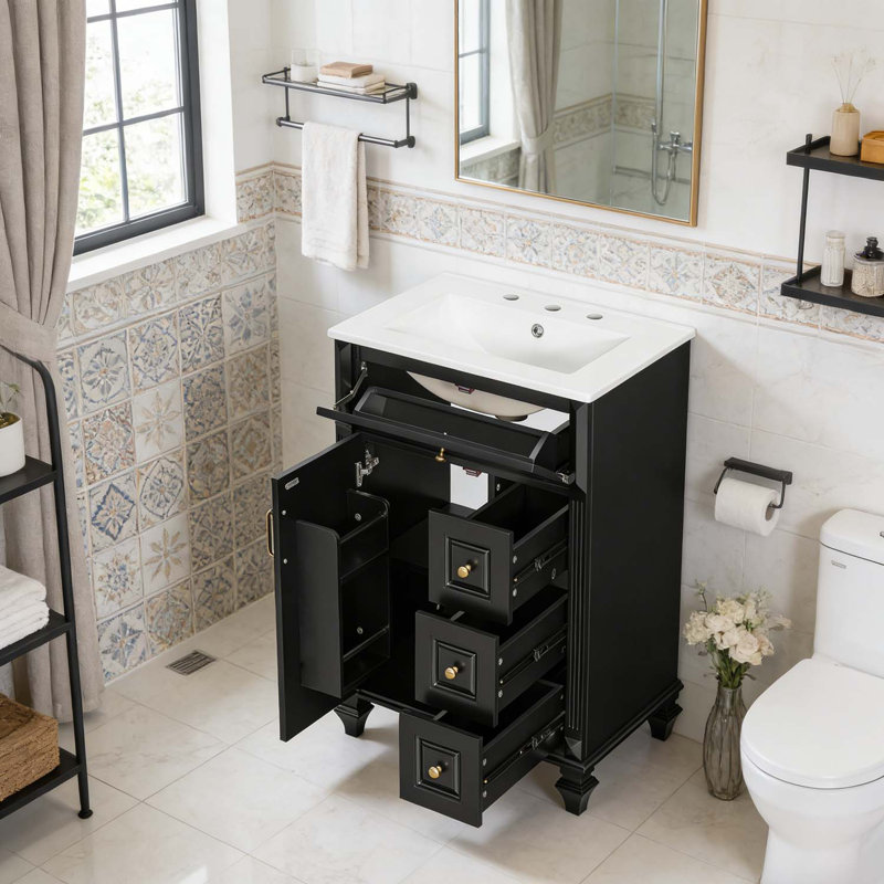Meuble-lavabo autoportant avec lavabo en céramique, Noir