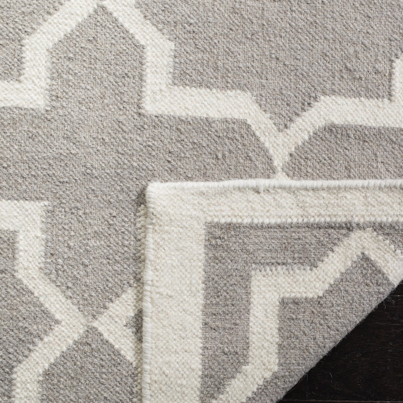 Rodgers Hand Woven Flat Weave Wool/Cotton Geometric Rug in Ivory, Rectangle 5' x 8'