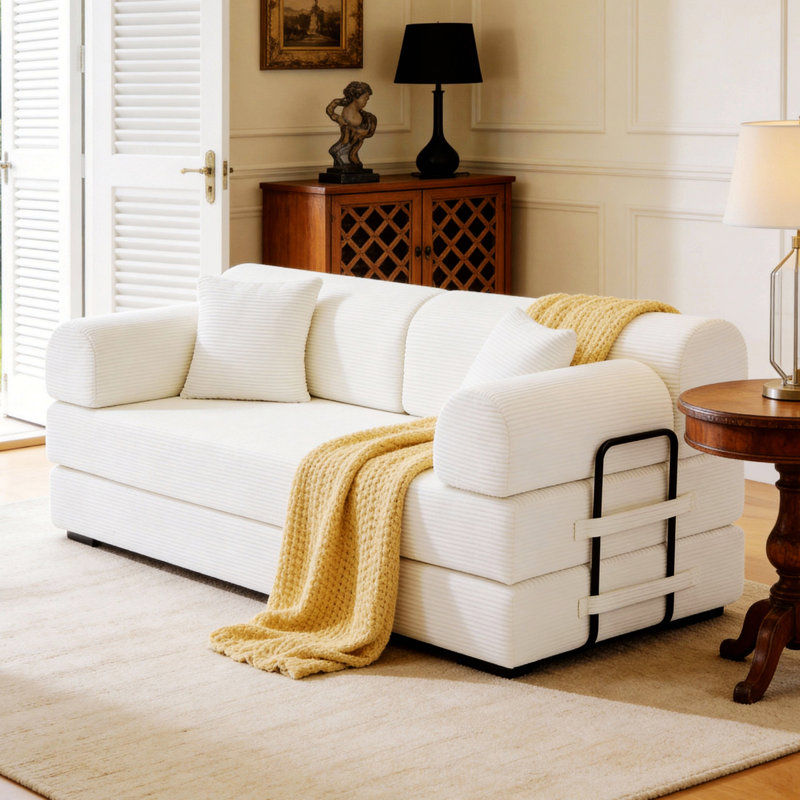 Canapé-lit convertible pour salon et chambre à coucher, Velours côtelé beige