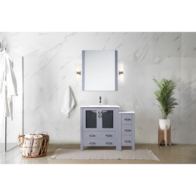 Gris foncé 42 po Meuble-lavabo simple avec armoire latérale W, comptoir en céramique blanche, bois massif, fonction de tiroir à fermeture en douceur, une armoire intérieure et cinq tiroirs pour le rangement, teinture Scratch