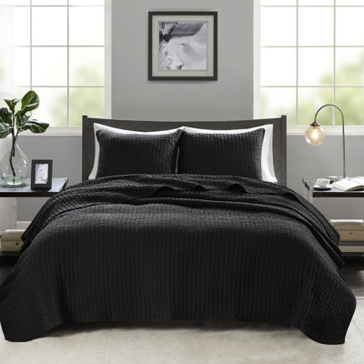 Courtepointe noire 3 pièces pour lit double / grand lit - Microfibre avec rembourrage en coton, réversible, 2 taies décoratives, literie lavable à la machine douce et rembourrée, réversible par tous les temps, sans effort