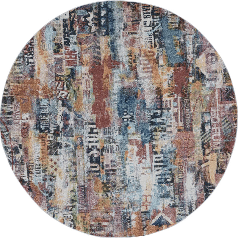 Tapis abstrait rose clair / bleu, Rond 7 pi 10 po
