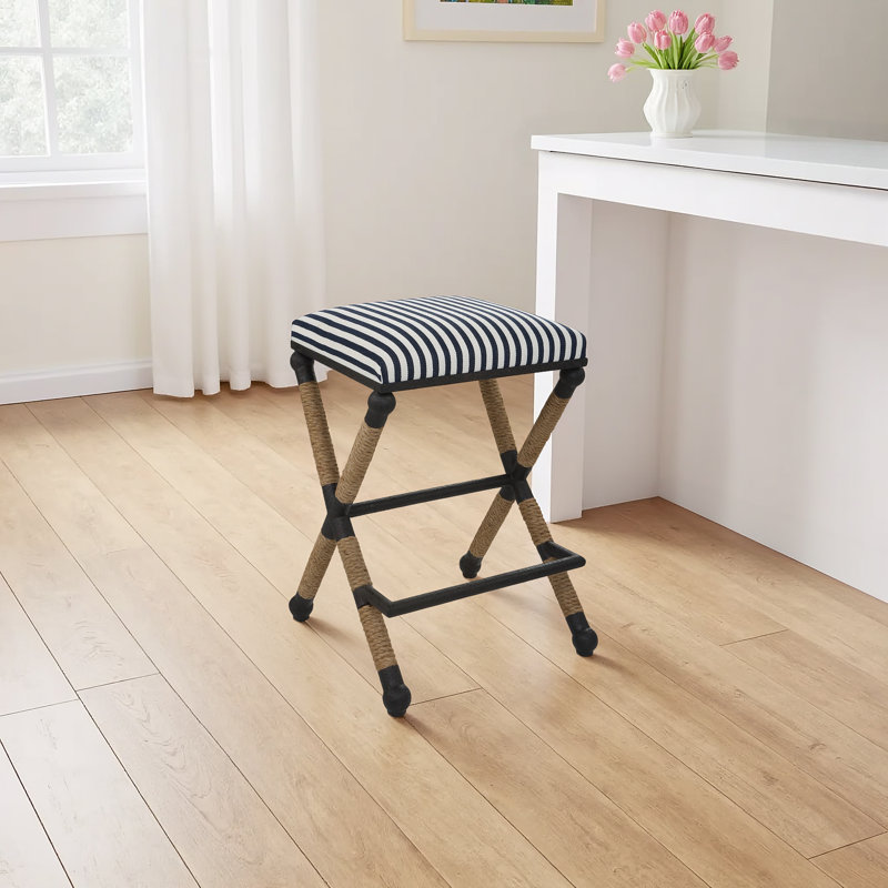 Faline Upholstered Counter Stool with Iron Frame, Blue/White striped