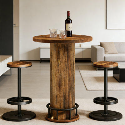 Solid Wood & Metal Round Bar Table | Industrial Style High-Top Drink Table | Modern Rustic Pub Table for Home Bar, Living Room, or Dining Area