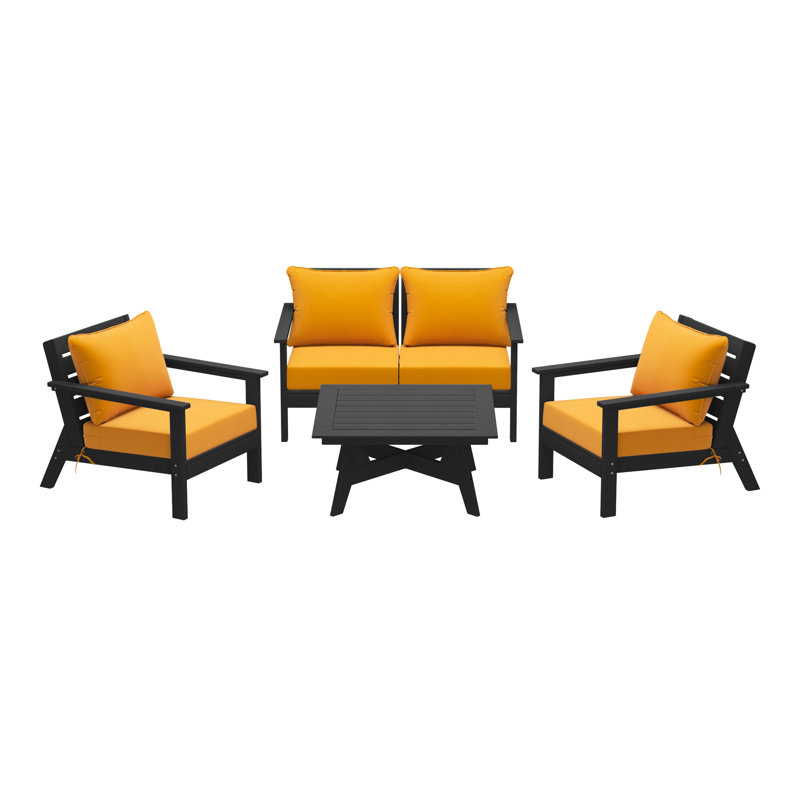 Ensemble de conversation à assise profonde 5 pièces, Noir, noir, noir, noir, Jaune