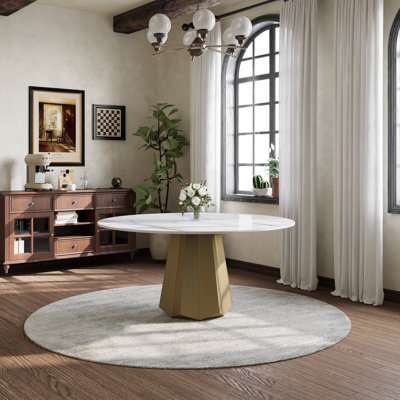 Modern 59" Round Dining Table for 6-8, White Glossy Sintered Stone Table top, Kitchen Table with Bronze Diamond Shaped Stainless Steel Base