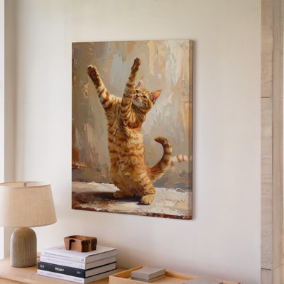 Toile tendue, chat peint en mouvement, certains moments sont prêts à être suspendus