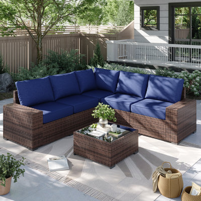 6 Pieces Outdoor Patio Furniture Set, With Cushions And Glass Coffee Table, Pe Rattan Outdoor Wicker Sectional Furniture Sofa Set