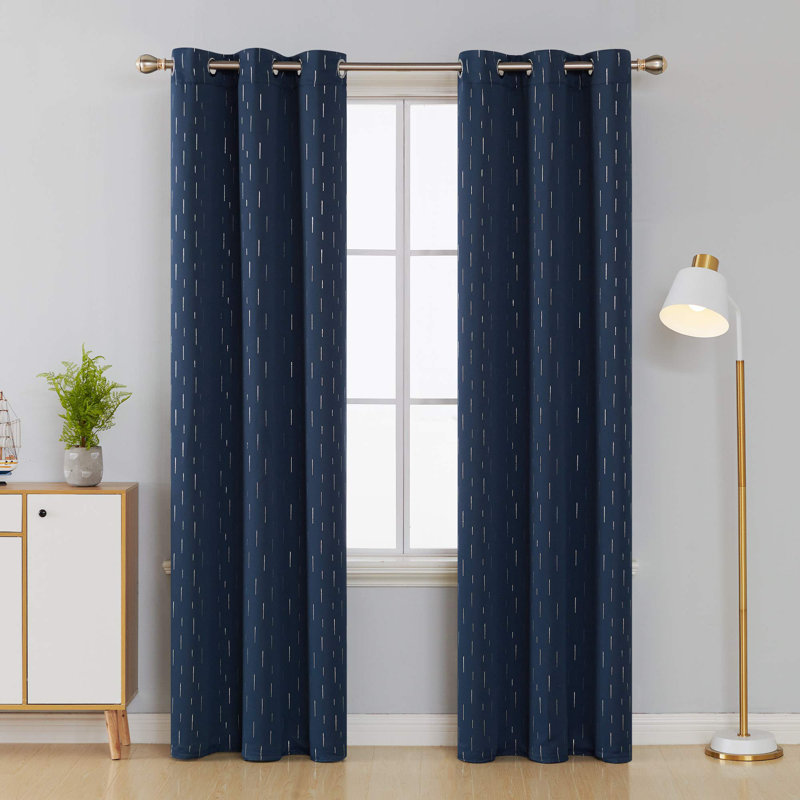 Foil Print Striped Blackout Thermal Insulated Grommet Curtains (Set of 2), 42" W x 84" L, Navy Blue