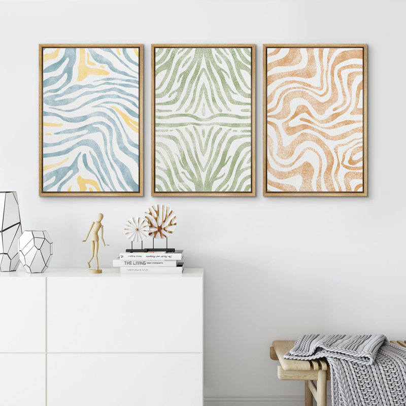 " Blue Green Brown Stripes Illustration Modern Decor Relax Calm Chic " 3 - Pieces, H 24 po x l 16 po x P 1,5 po, Naturel