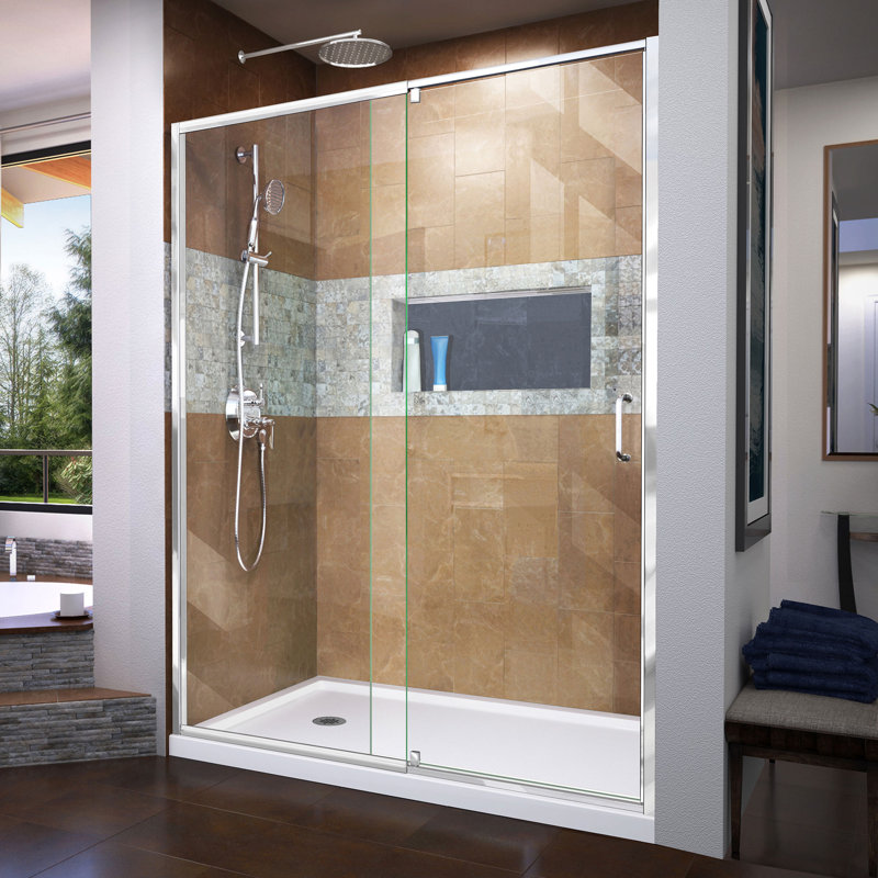 Flex Dreamline 60" x 74.75" Rectangle Pivot Shower Enclosure with Base Included, Chrome/White, Left