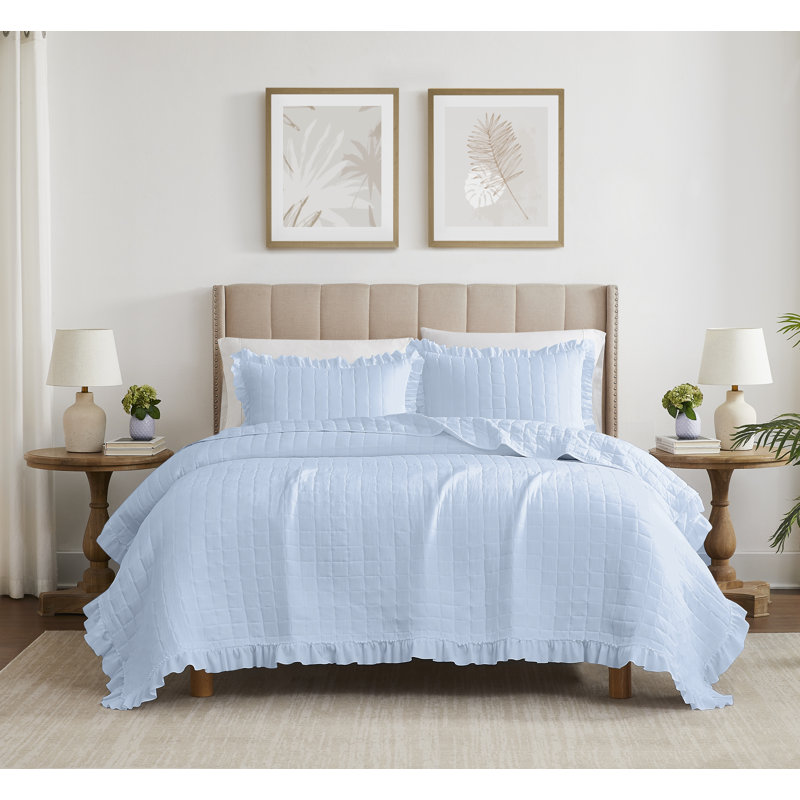 Ensemble de courtepointe en microfibre Belina, Bleu, Courtepointe grande + 2 taies décoratives