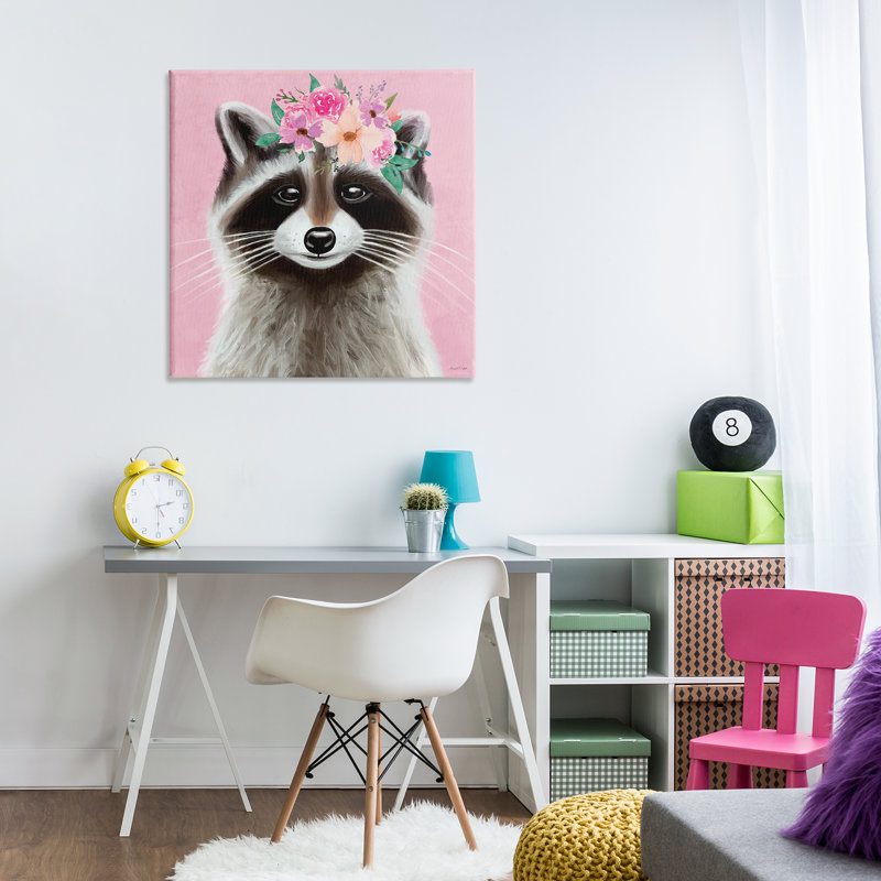 «Pink Florals Raccoon», art mural sur toile par Elizabeth Tyndall, H 24 po x l 24 po x P 1,5 po