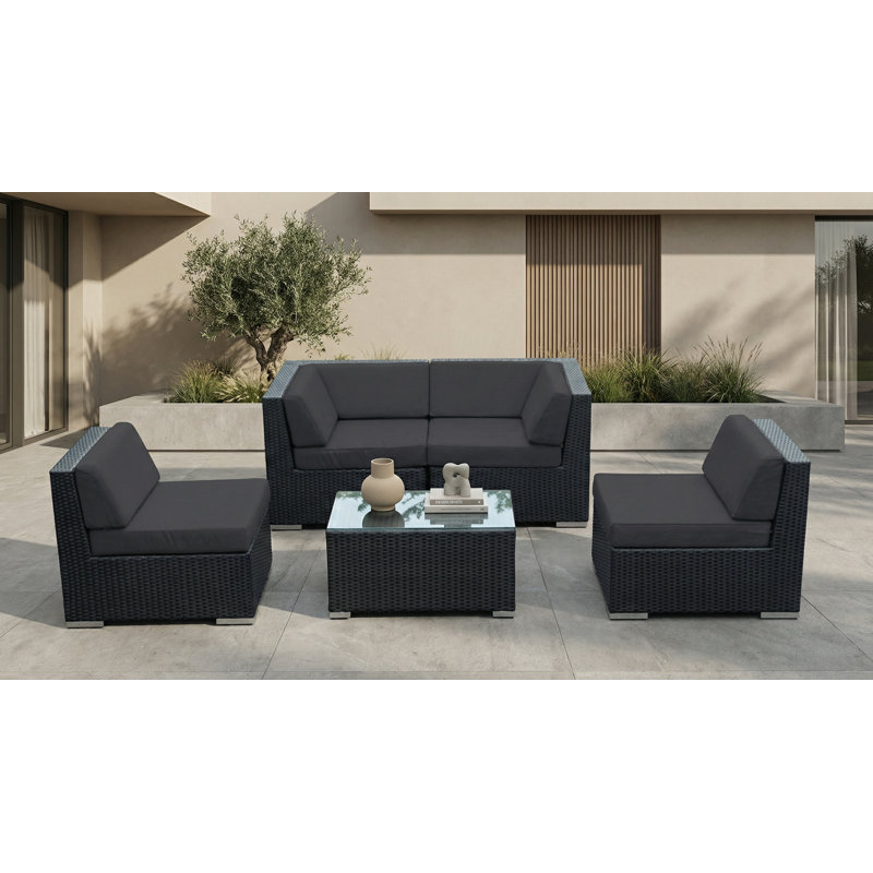 Billyjo Wicker 4 - Person Seating Group with Cushions - No Assembly, Black, Supercrylic Gray