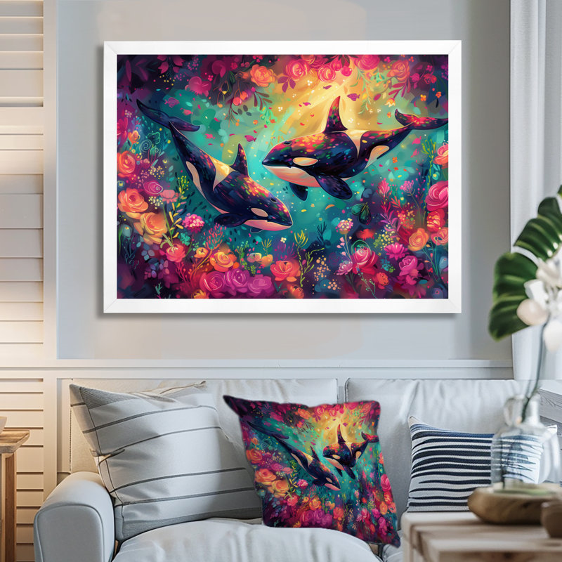 Black Orca Swimming Paradise Dream I - Whale Animal Wall Art Print, 34'' H x 44'' W, White Single Picture Framed