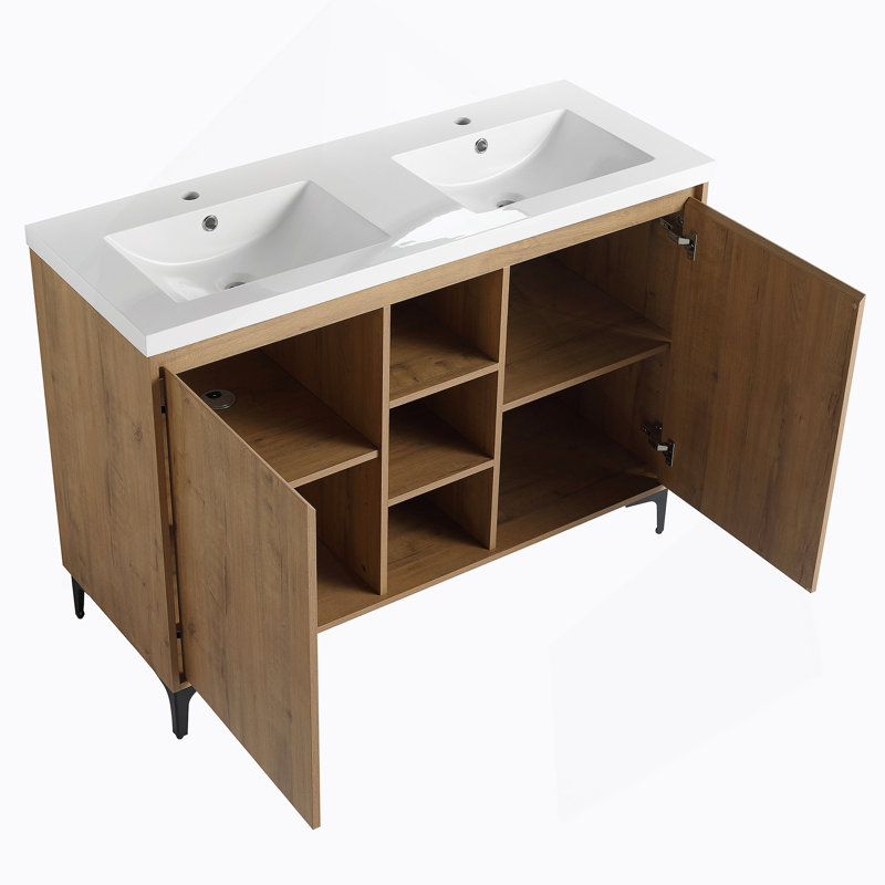 Meuble-lavabo autoportant avec lavabo double, charnière de porte à fermeture douce