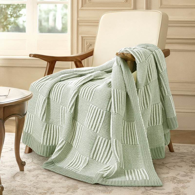 Jeté à carreaux en chenille, couverture décorative pour canapé, salon, chambre à coucher, Vert/blanc