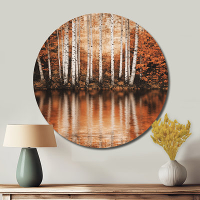 Birch Tree Lake In Autumn - Floral Round Metal Wall Art