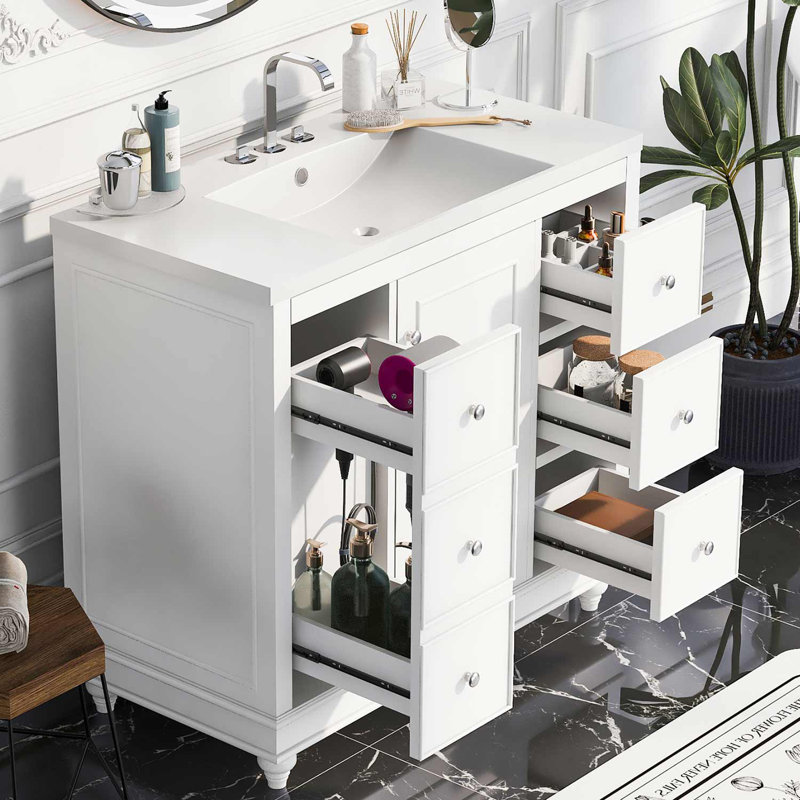 Ensemble de meuble-lavabo simple 36 po avec plateau en céramique Dalisia, 4 tiroirs et 1 porte, Blanc