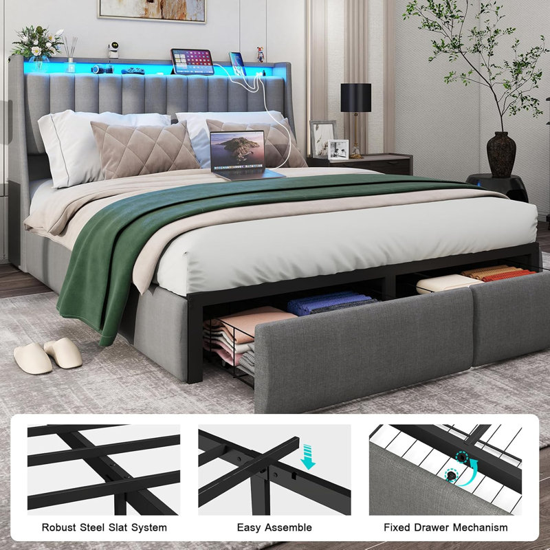 Full Size Bed Frame with Headboard and 2 Storage Drawers, Upholstered Bed Built-In LED Lights and Charging Station, Full