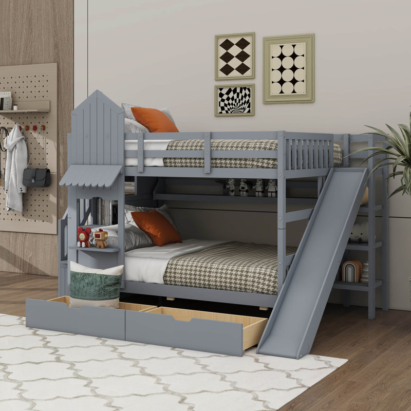 Full-Over-Full Castle-Themed Bunk Bed, Wooden Bunkbed With 2 Drawers & 3 Shelves, Including Slide And Storage Stairs, Gray
