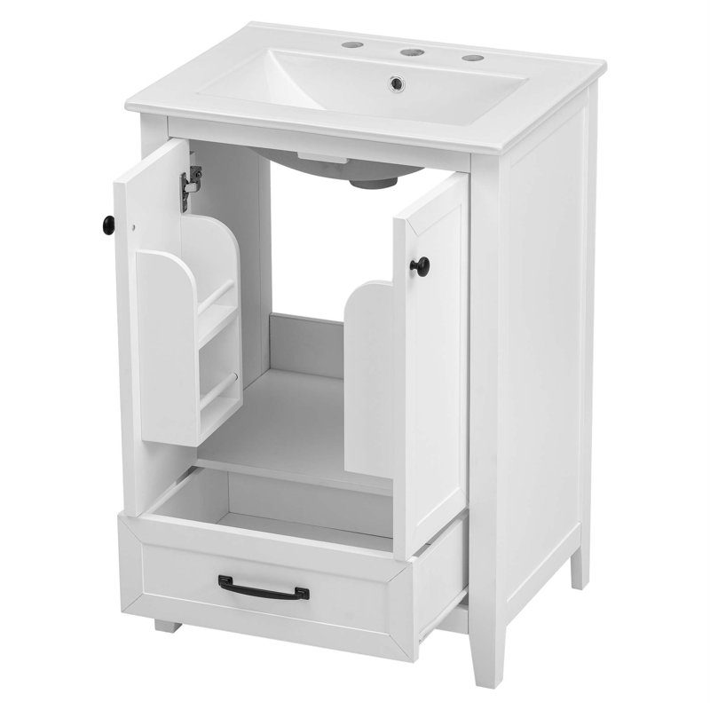 Meuble-lavabo avec lavabo, meuble-lavabo avec tiroir et portes, bois massif et panneau de fibres à densité moyenne