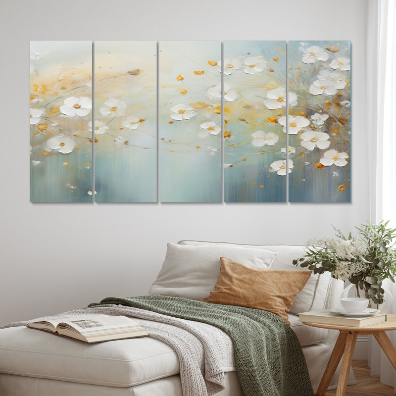 «Blossoming Daisy Delicate Blossoming Wildflower I», art mural sur toile, 5 panneaux égaux