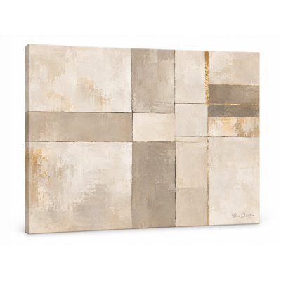 Tableau abstrait sur toile tendue, motif grille dorée crème