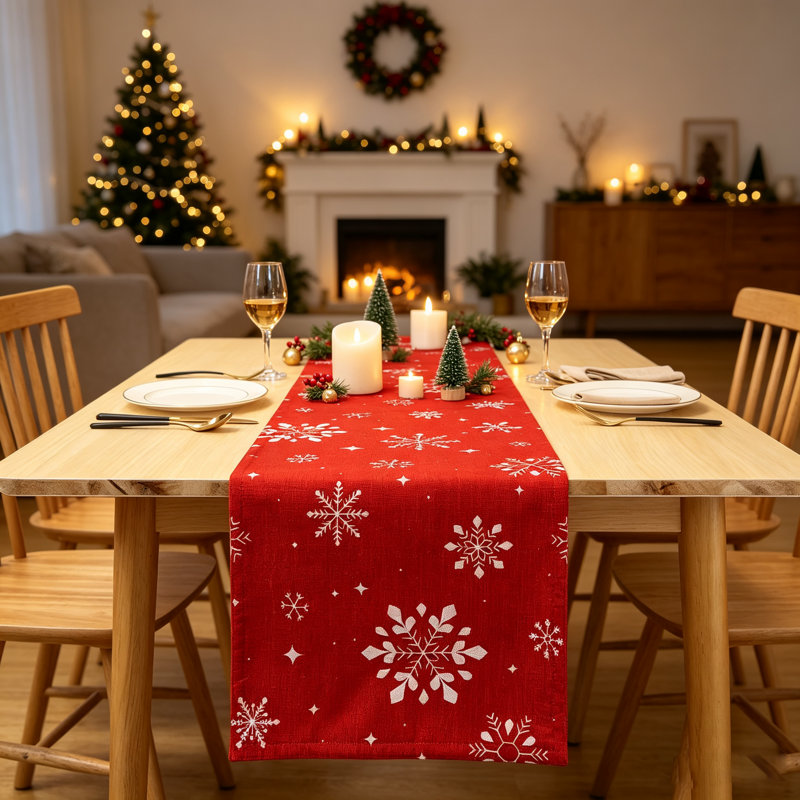 Snowflake Print Tablecloth in 150GSM Polyester Slub Cloth | Wipeable & Wrinkle-Resistant Festive Cover for Dining Room, Kitchen & Holiday Parties