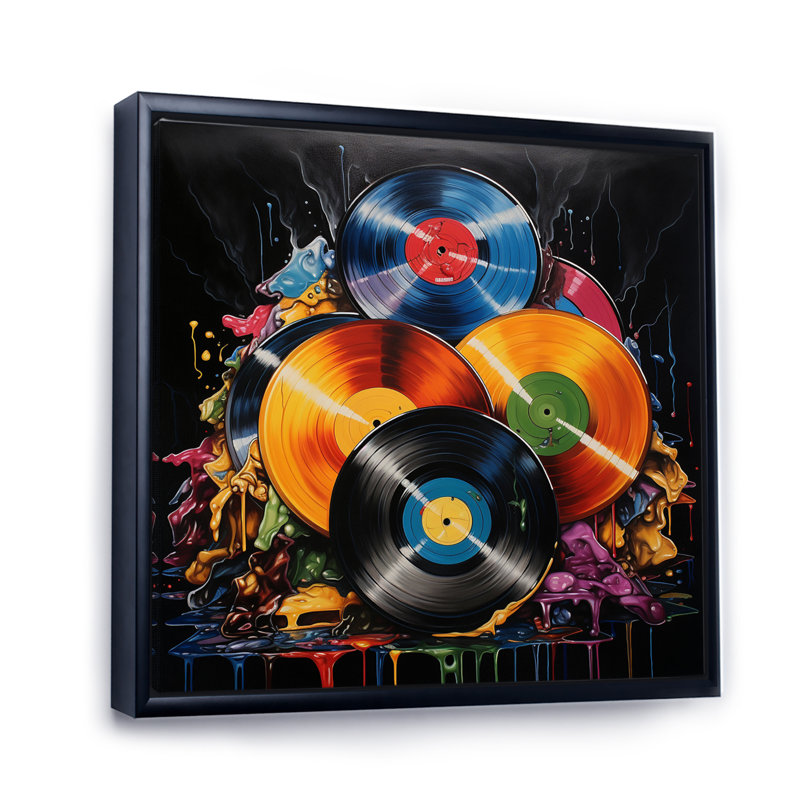 Coloré disques vinyle Melody I - Art mural disques vinyle, Cadre flottant noir, H 30 po x l 30 po x P 1 po