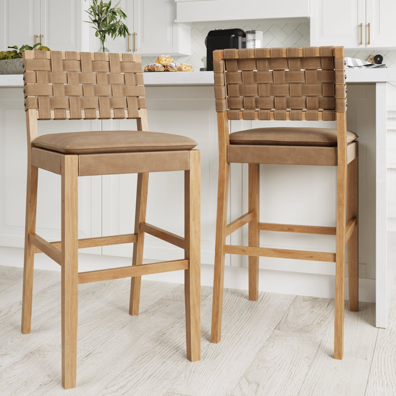 Tabouret de bar en suède tissé avec pieds en bois massif, ensemble de 2, Cuir brun clair / structure en pin chaud, 2