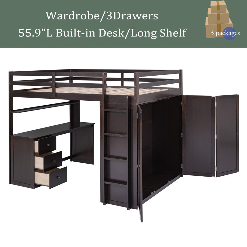 Granvel Kids Full Loft Bed with Drawers, Espresso