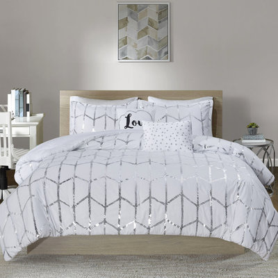 Édredon double / grand de style moderne - imprimé géométrique argenté sur blanc, 2 taies décoratives, coussins décoratifs, literie à séchage à basse température avec coussins et coussins géométriques, microfibre, doux