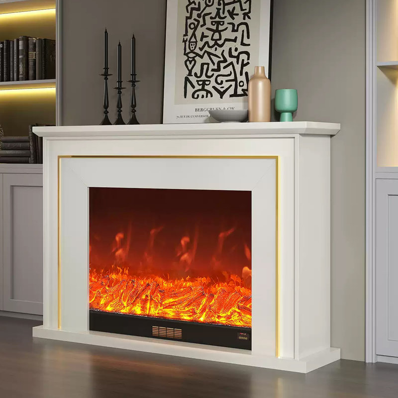 Foyer électrique blanc en bois massif, Blanc, H 39,37 po x l 47,24 po x P 12,6 po