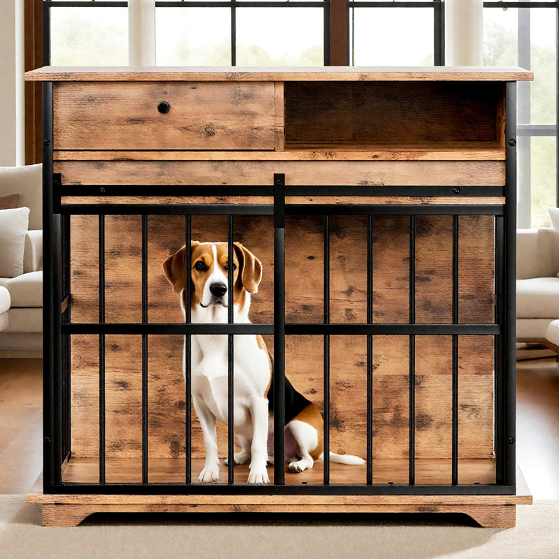 Cage pour chien fonctionnelle avec tiroir et rangement, structure en fer, base en bois massif à cage moyenne et grande, d'une hauteur de 33,58 po, convenant à l'entraînement des chiots