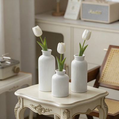Modern Ceramic Vase Set Of 3, Ribbed Matte White Decorative Vases For Home Decor, Graduated Sizes For Living Room, Office, And Tabletop Display