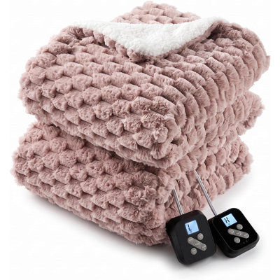 Electric Heated Blanket, Faux Fur & Sherpa Dual-Sided Fabric, Dual Controller, 10 Heat Settings, 12H Auto Shut Off, Overheat Protection, Machine Washable Cozy Bedding Gift