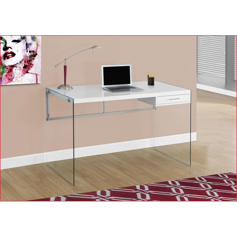 Bureaux, bureau d'ordinateur moderne avec tiroir de rangement, L 48 po, verre trempé stratifié blanc brillant | Blanc | Panneau de particules