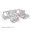 Canapé modulaire 3 places avec méridienne, repose-pieds avec rangement, pieds en métal et clous en cuivre, deux coussins blancs
