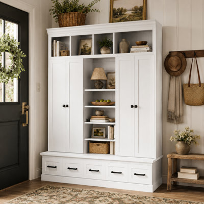 78.7" Large Hall Tree with Bench, 5-Drawer Entryway Organizer, Storage Cabinet with Doors & Adjustable Shelves