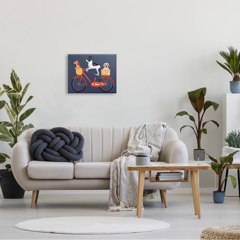 Chien, bicyclette, trio, chiots, paniers, vélo rouge par Jo Taylor - impression, H 16 po x l 20 po x P 1,5 po, Toile tendue