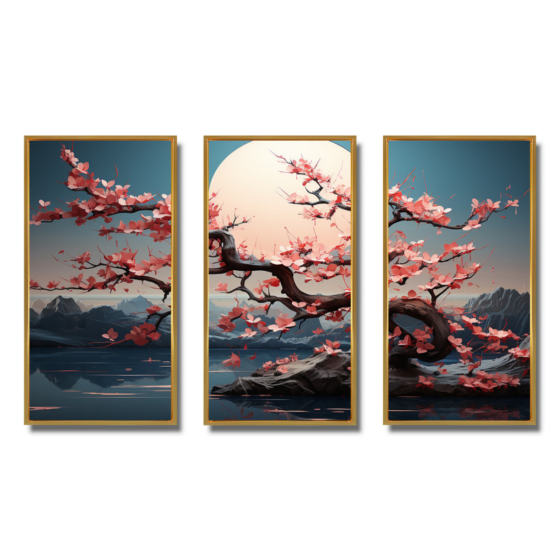 «Pink Cherry Blossom Twilight», art mural paysage romantique au Japon, Cadre flottant doré, H 40 po x l 60 po x P 1 po
