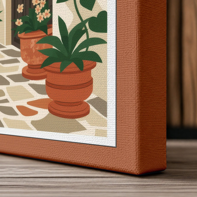 Mediterranean Courtyard Coastal - Wrapped Canvas, 36x24 - 91.4 x 61.0 cm, Terracotta Border