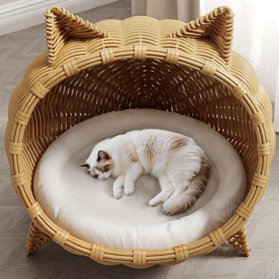 Lit pour chat en rotin avec coussin lavable à la machine, naturel