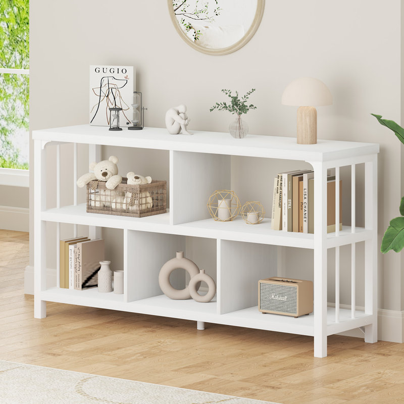 Horizontal Bookshelf, Modern Cube Storage Organizer Bookcase Wide Bookshelves, Industrial Wood Metal Book Shelf, Cube Shelf for Office Home Living Room