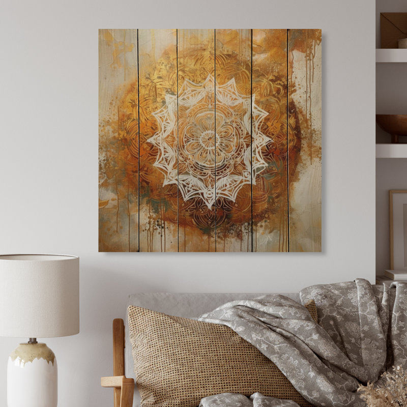 Blanc et or Mandala VI - impression de mandala boho sur bois de pin naturel, H 35 po x l 35 po x P 0,78 po