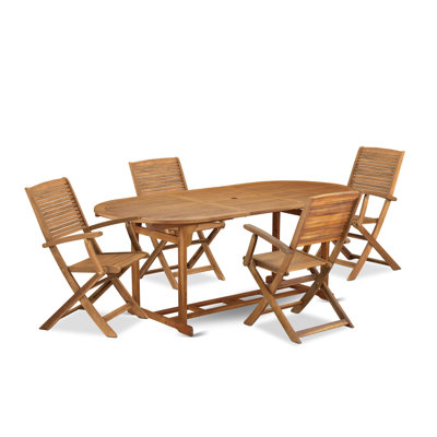 5 Piece Outdoor Patio Dining Sets Consist of an Oval Acacia Wood Table and 4 Folding Arm Chairs, Natural Oil