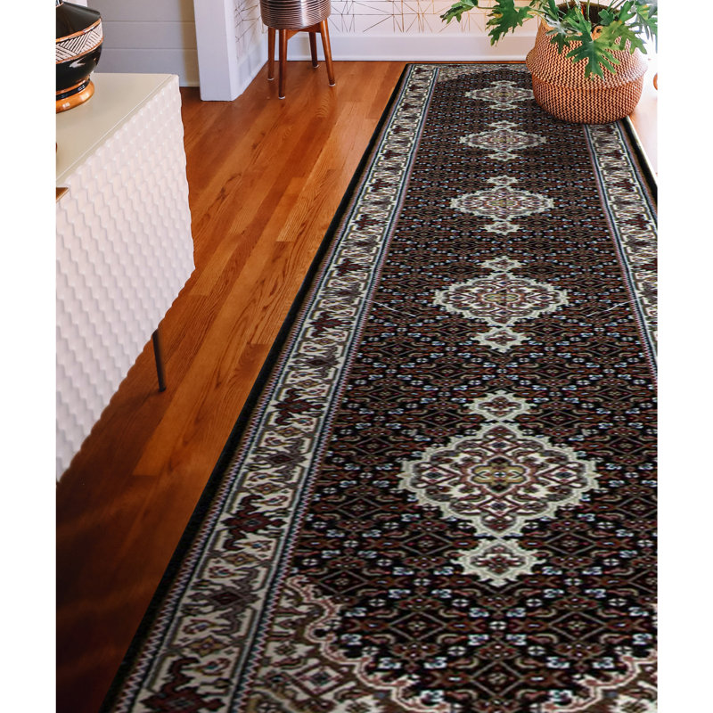 Hand-Knotted High-Quality Black and Cream Runner