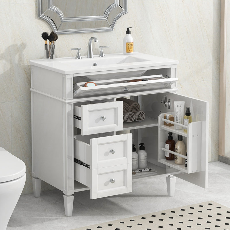 Meuble-lavabo de 30 po avec lavabo supérieur, meuble-lavabo moderne avec 2 tiroirs et tiroir escamotable, meuble-lavabo simple