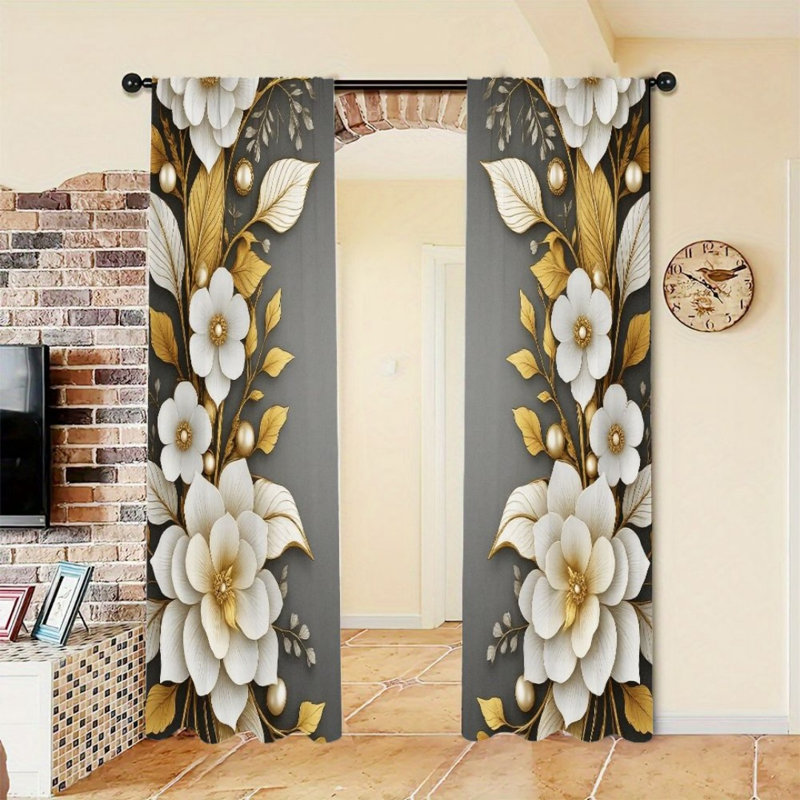 2Pcs Decorative Flower Curtains, Gold and White Floral Design, Rod Pocket Light Filtering, Elegant Modern Style, All-Season For Living Room Bedroom Home Decor